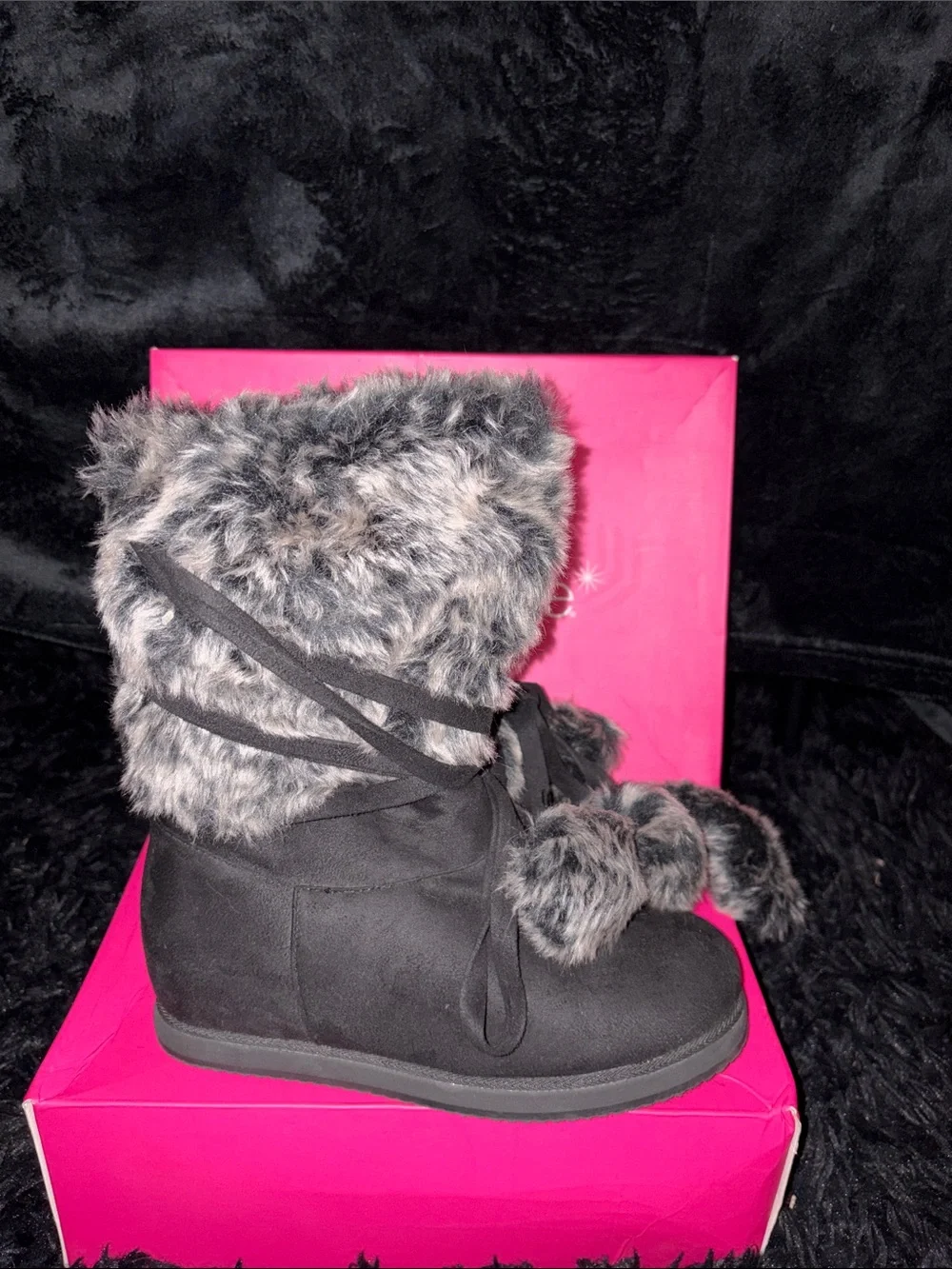 Shoe Dazzle Black Faux Fur Pom Winter Boots